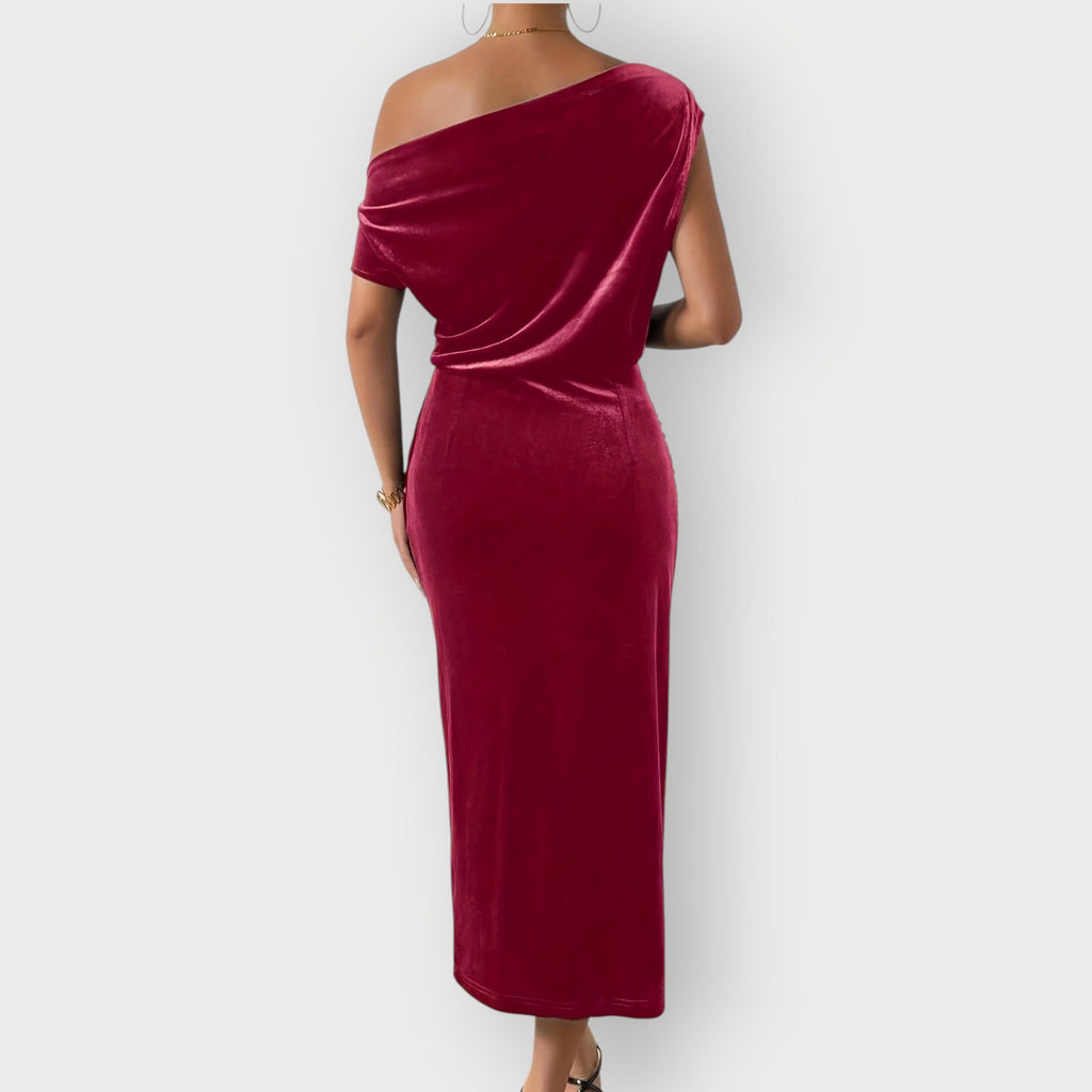 Saeviah | Off Shoulder Draped Velvet Midi Dress