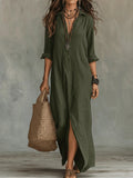 Aelyndraen | Loose-Fitting Green Maxi Dress with Buttons