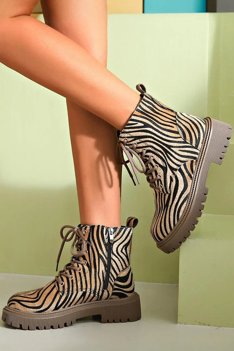 Saevria | Zebra Print Lace-Up Boots