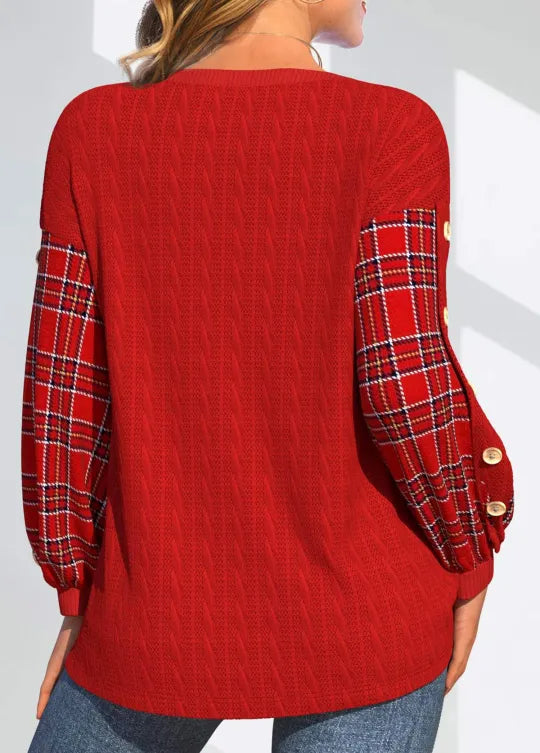 Oryssia | Red Knit with Checked Sleeves