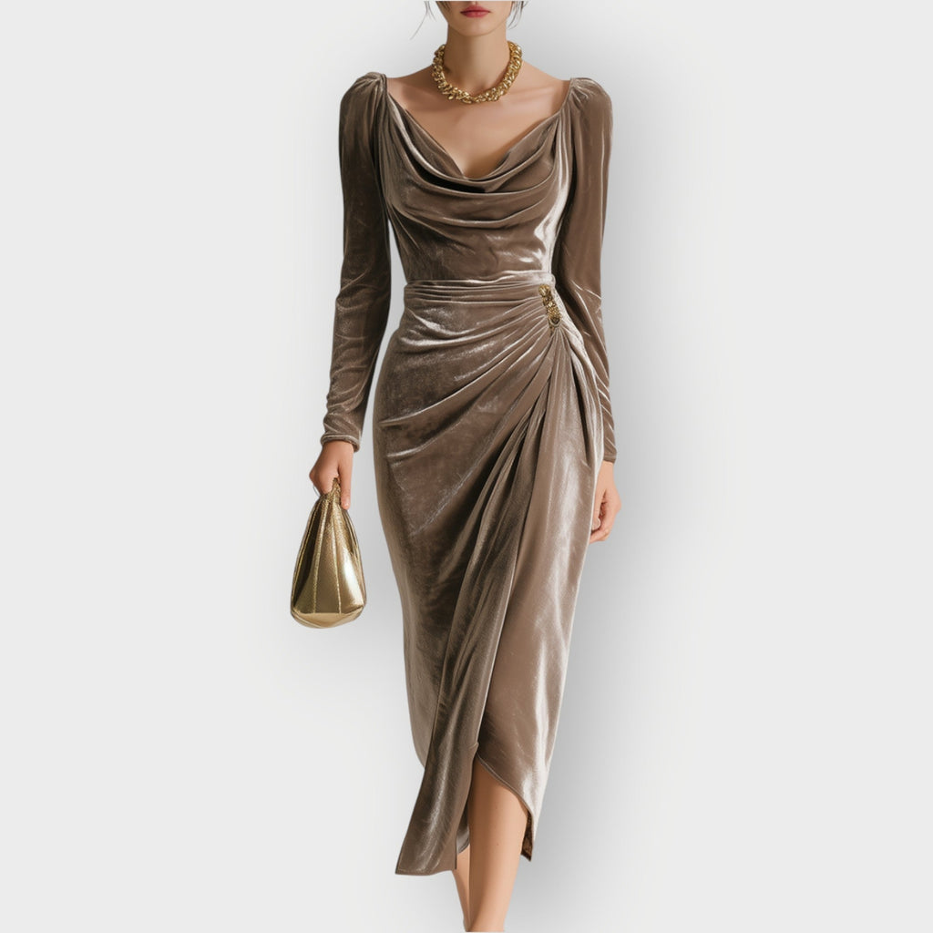 Auvess | Ruched Draped Elegance Midi Dress