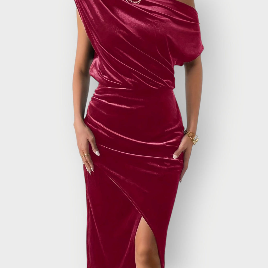 Saeviah | Off Shoulder Draped Velvet Midi Dress