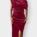 Saeviah | Off Shoulder Draped Velvet Midi Dress