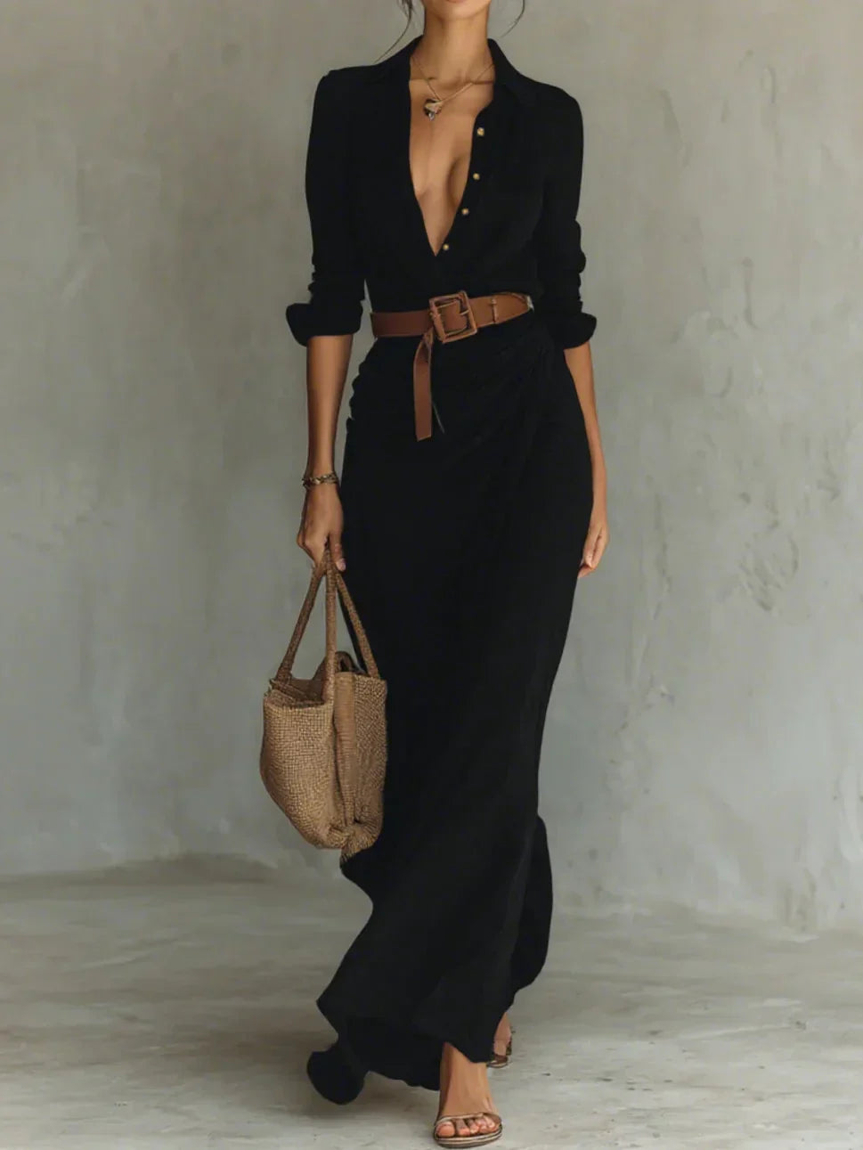 Olyndavira | Maxi Dress with Lapels and Waist Belt