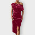 Saeviah | Off Shoulder Draped Velvet Midi Dress