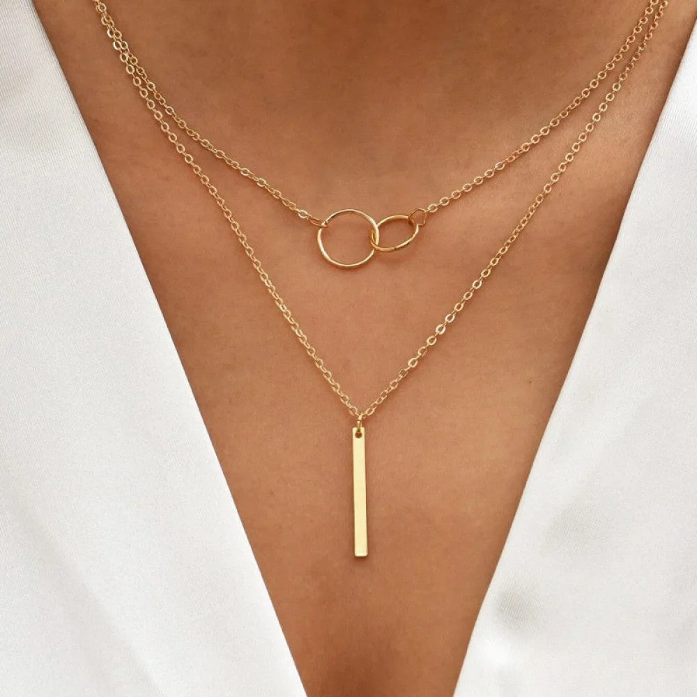 Retro Gold Double Circle Pendant Necklace