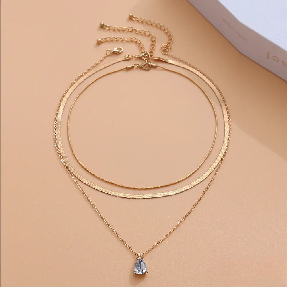 Layered Necklace with Gold-Colored Zirconia Pendant