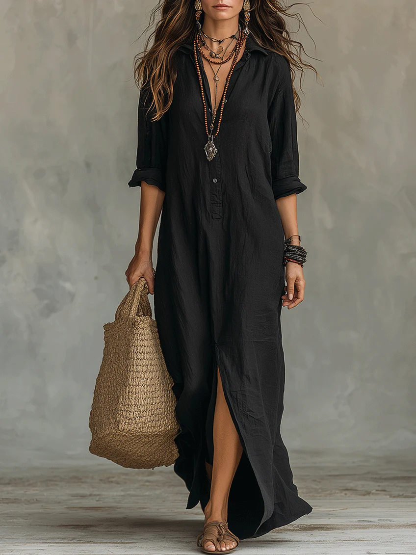 Aelyndraen | Loose-Fitting Green Maxi Dress with Buttons