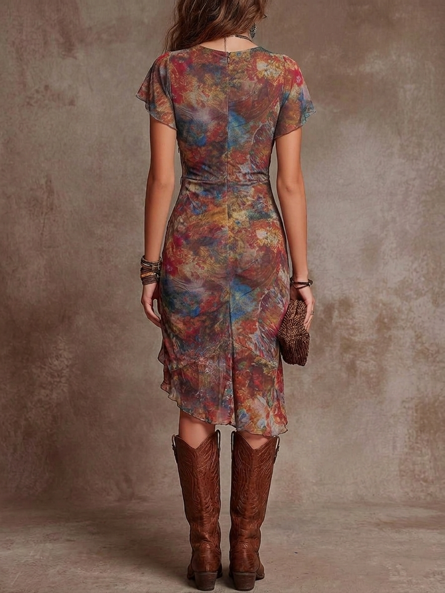 Judy | Bohemian Abstract V-Neck Pleated Midi Dress