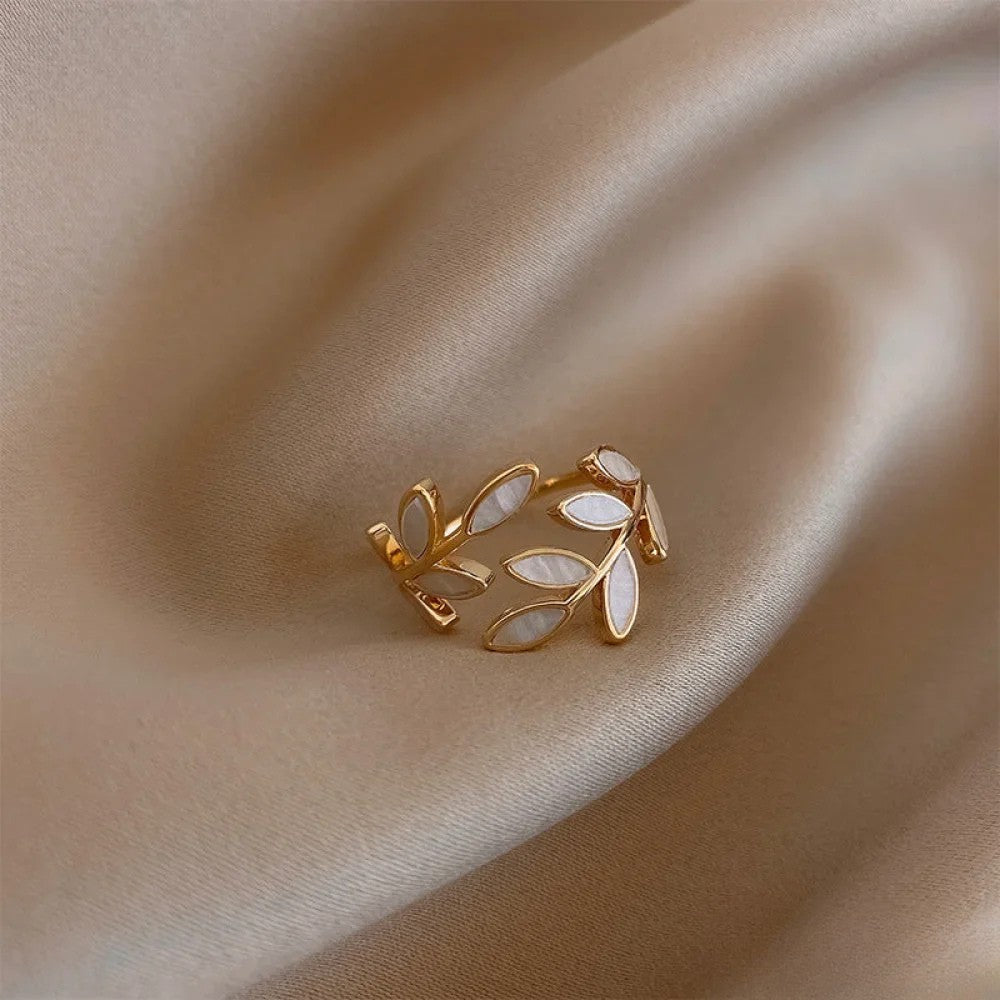 Adjustable Gold Ring with White Opal Leaf