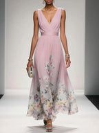 Rose | Light Blue Floral Chiffon V-Neck Maxi Dress